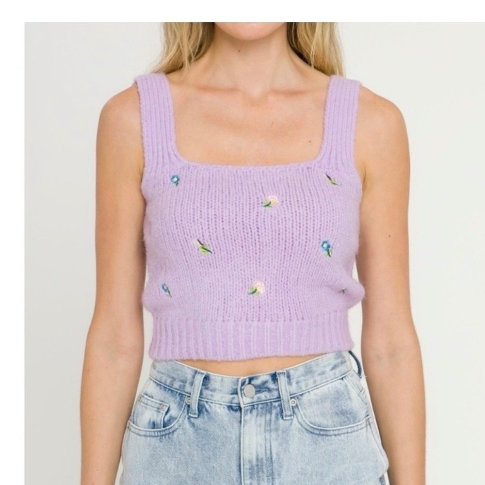 English Factory Sweater Tank Women M Purple Floral‎ Embroidered Crop Top Fairy
